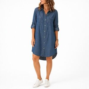 Young Hearts Run Free Blue Lyocell Shirt Dress‎ Roll Tab Sleeve M Chambray Tunic